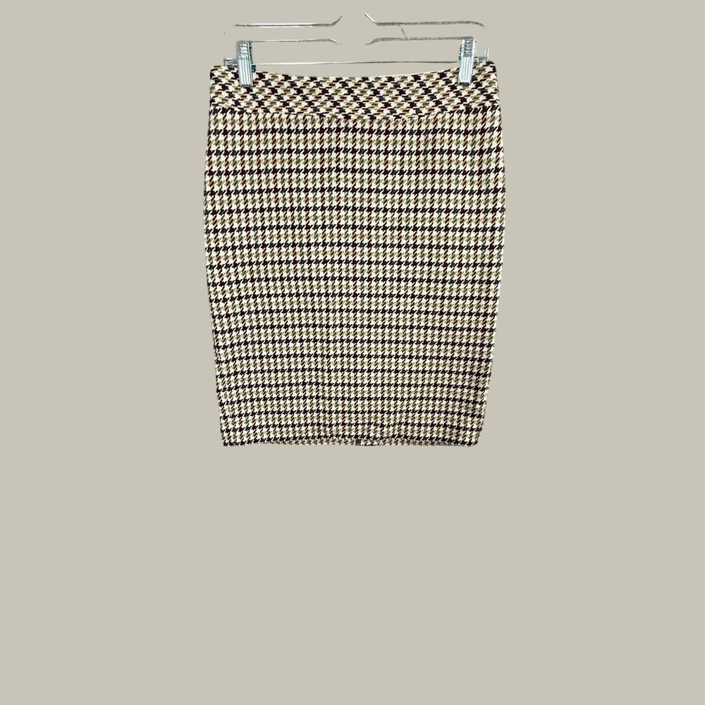 Talbots Petites Wool Blend Houndstooth Pencil Skirt Burgundy Olive Tan 30" Waist